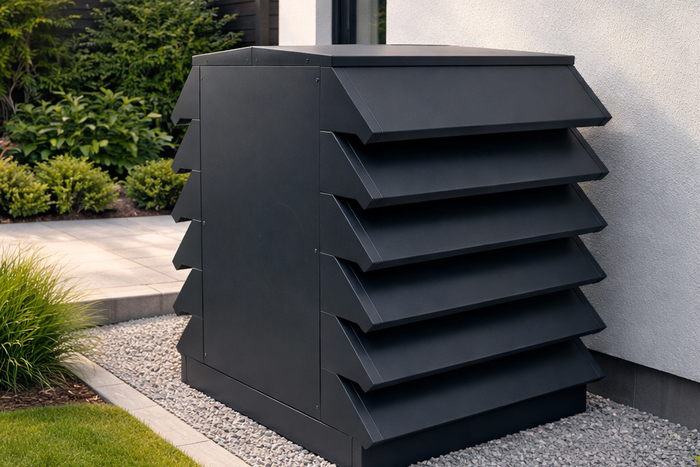 Zwarte AcoustiCover warmtepomp omkasting naast een moderne woning in de tuin