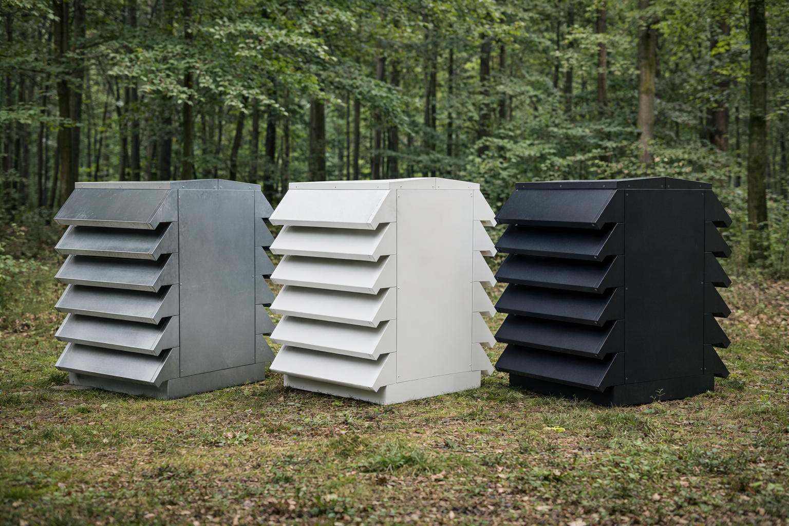 Drie AcoustiCover omkastingen in zilver, wit en zwart in een bosomgeving